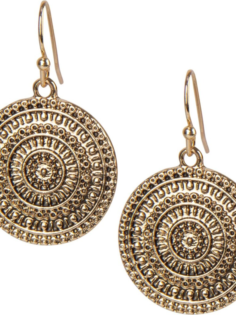 Boho Gold Hoop Drop Earrings with Lightweight Filigree Medallion Charm – 1.75 In